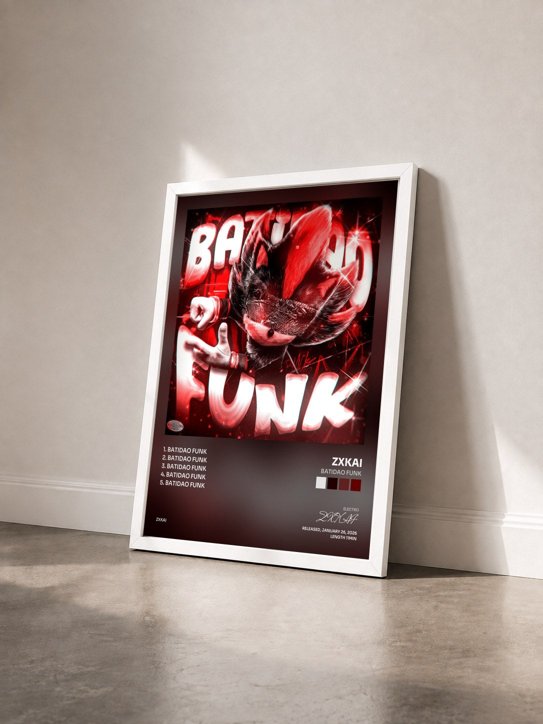#blanc Tableau de l'album BATIDAO FUNK de ZXKAI vu de trois quarts, cadre blanc