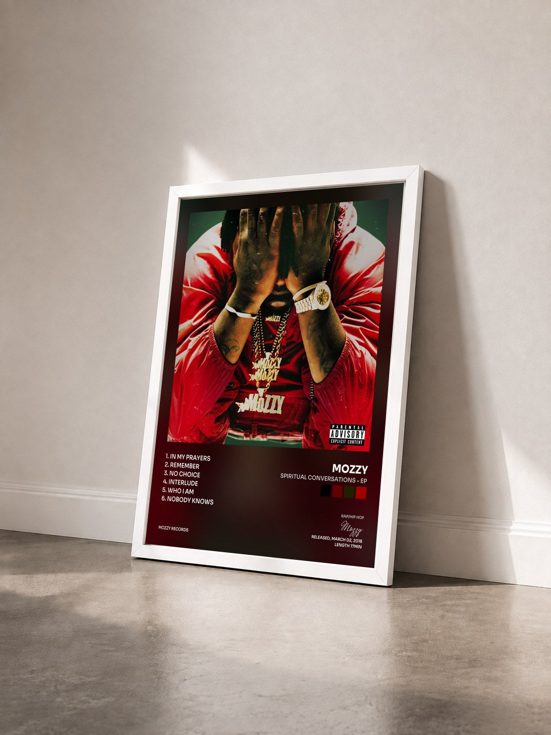 #blanc Tableau de l'album Spiritual Conversations - EP de Mozzy vu de trois quarts, cadre blanc