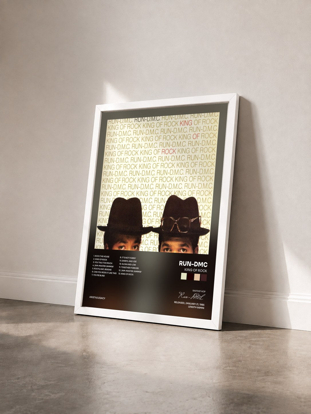 #blanc Tableau de l'album King Of Rock de Run-DMC vu de trois quarts, cadre blanc