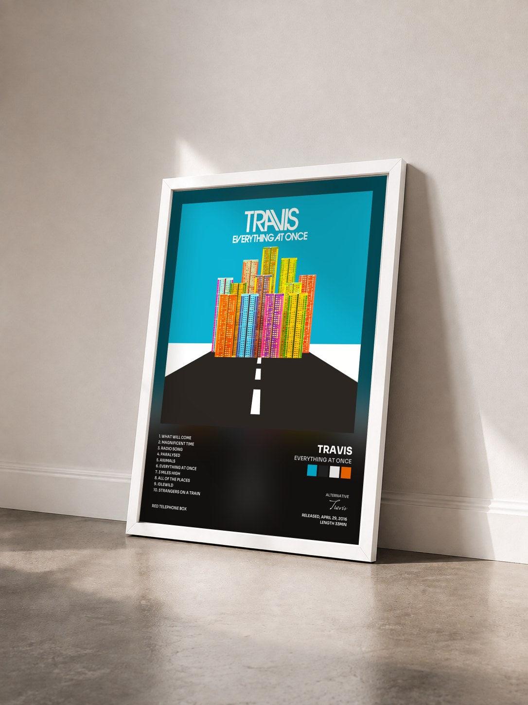 #blanc Tableau de l'album Everything At Once de Travis vu de trois quarts, cadre blanc