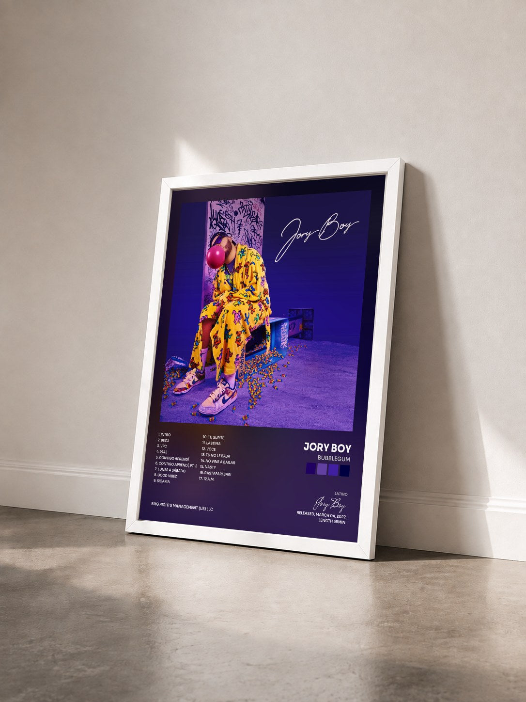#blanc Tableau de l'album Bubblegum de Jory Boy vu de trois quarts, cadre blanc