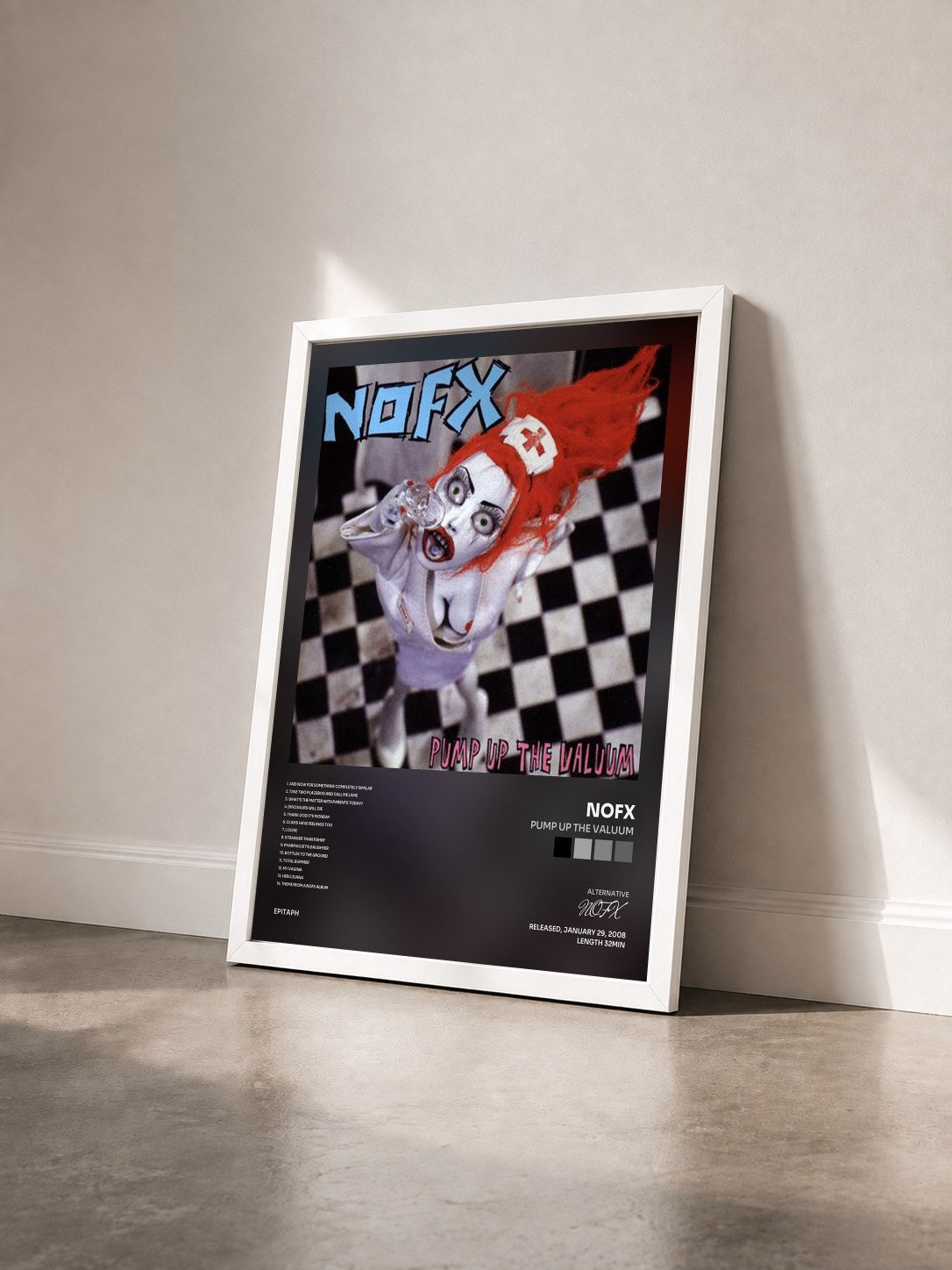 #blanc Tableau de l'album Pump Up The Valuum de NOFX vu de trois quarts, cadre blanc