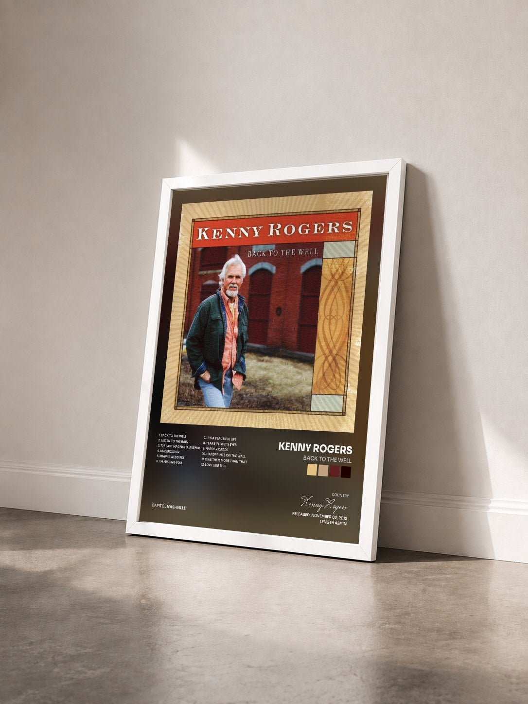 #blanc Tableau de l'album Back to the Well de Kenny Rogers vu de trois quarts, cadre blanc