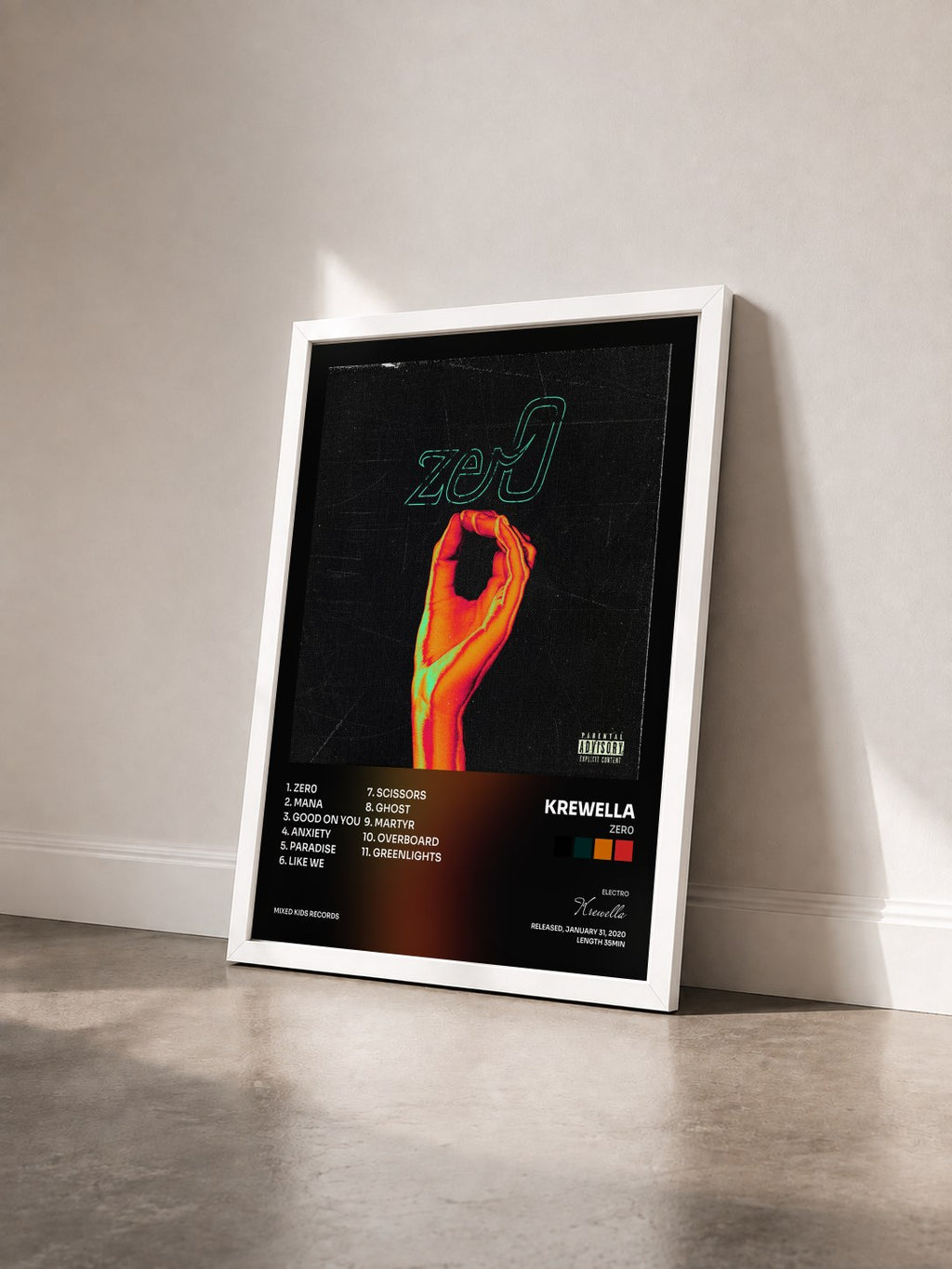 #blanc Tableau de l'album zer0 de Krewella vu de trois quarts, cadre blanc