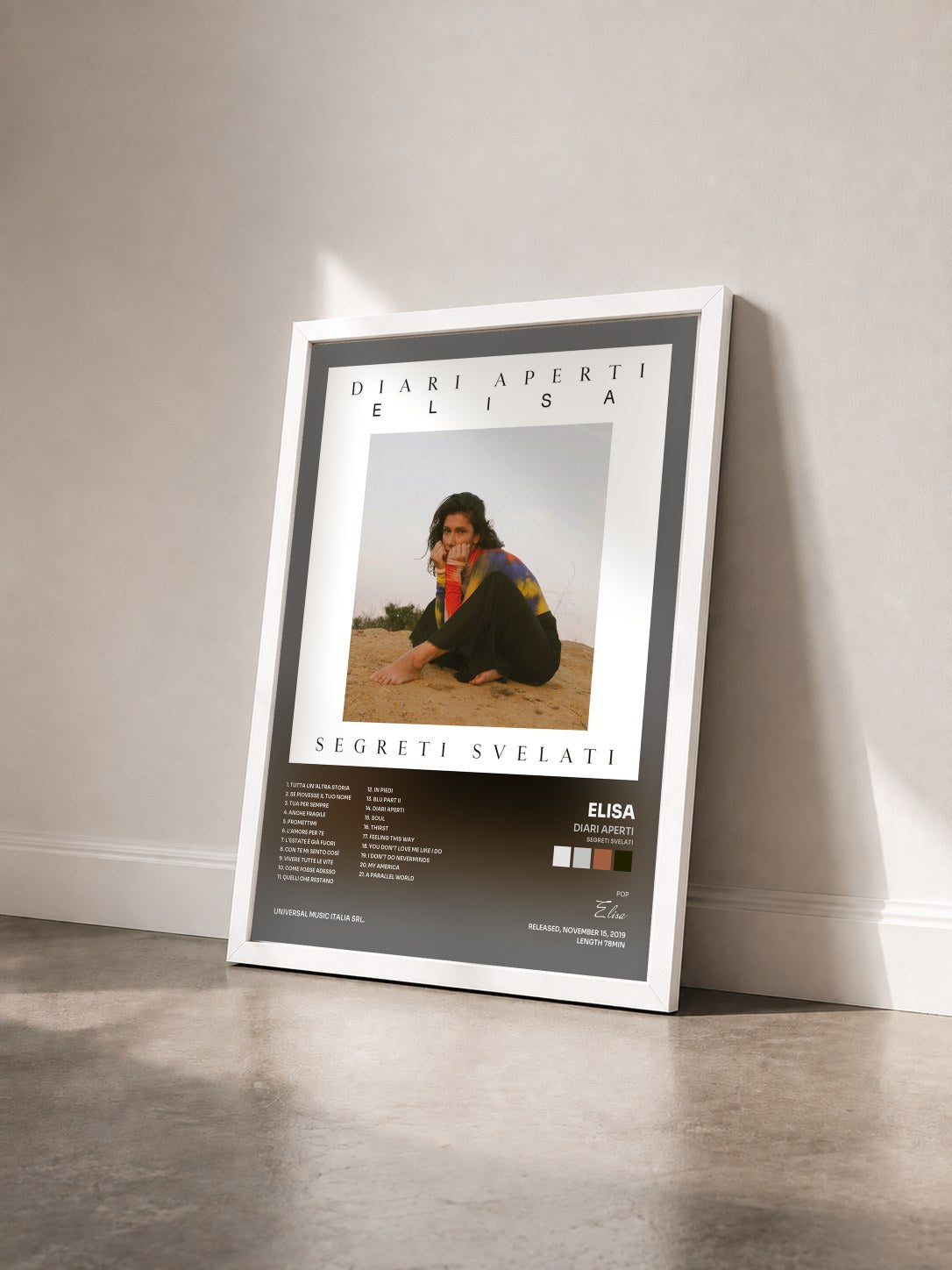 #blanc Tableau de l'album Diari Aperti (Segreti Svelati) de Elisa vu de trois quarts, cadre blanc