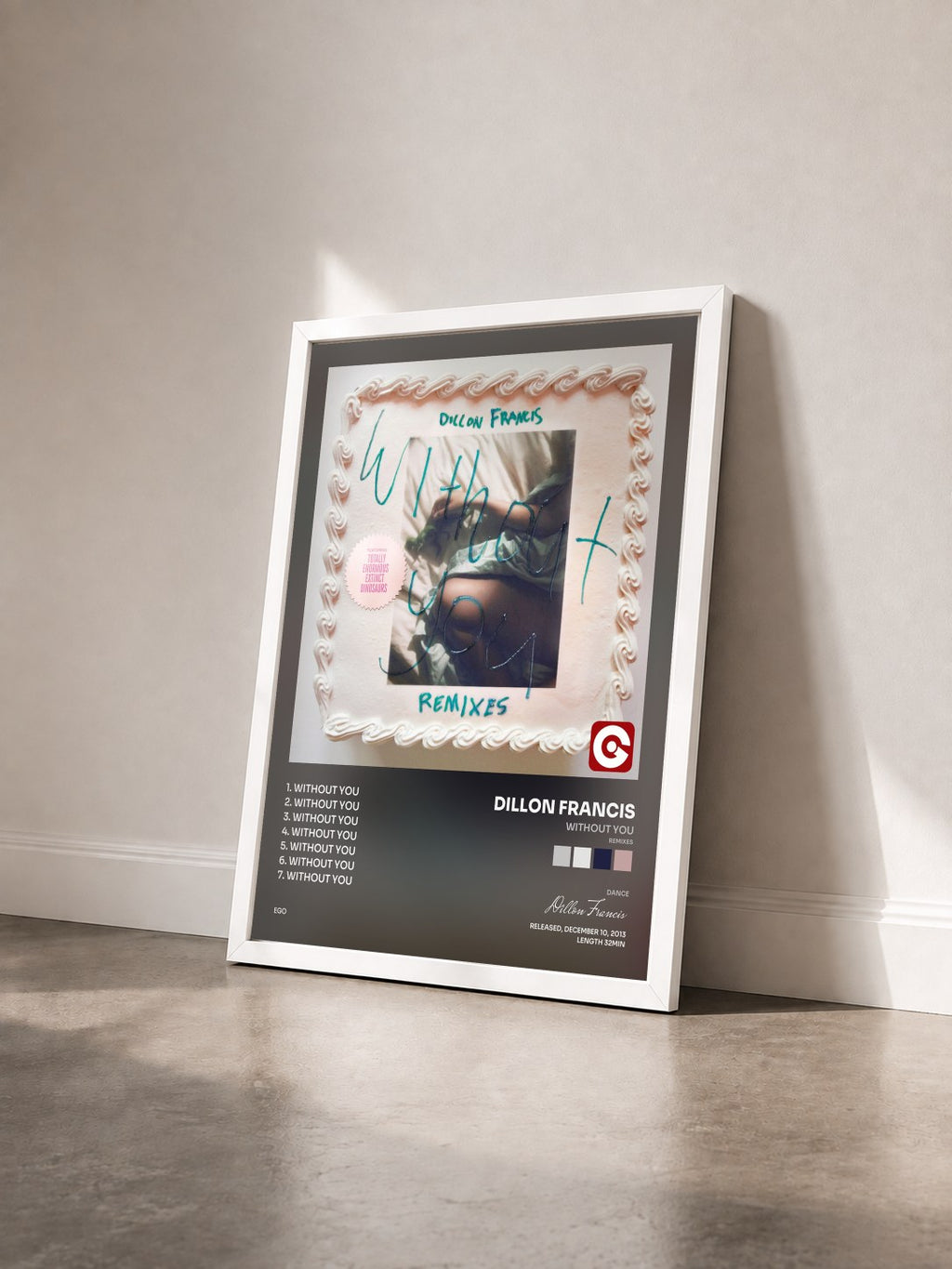 #blanc Tableau de l'album Without You (Remixes) de Dillon Francis vu de trois quarts, cadre blanc