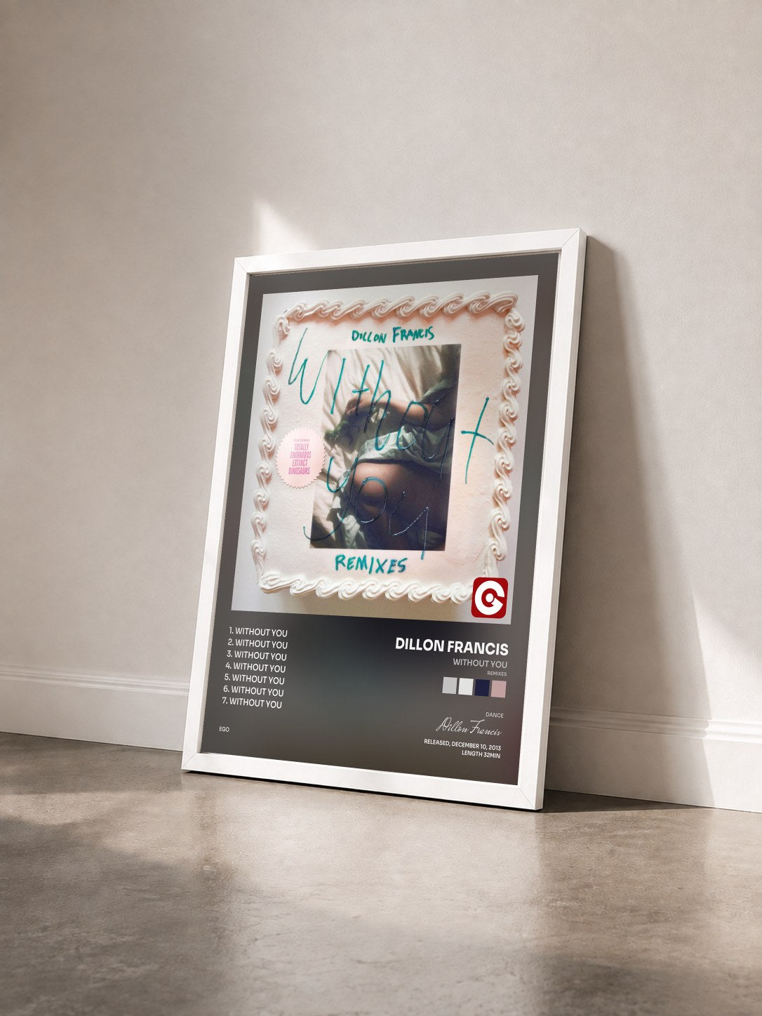 #blanc Tableau de l'album Without You (Remixes) de Dillon Francis vu de trois quarts, cadre blanc