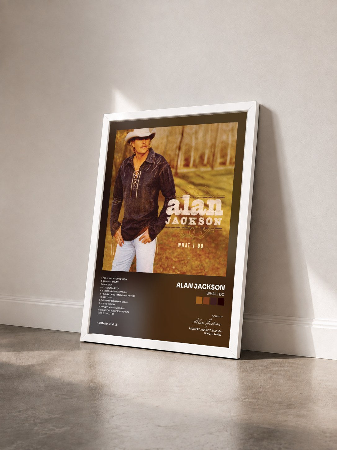 #blanc Tableau de l'album What I Do de Alan Jackson vu de trois quarts, cadre blanc