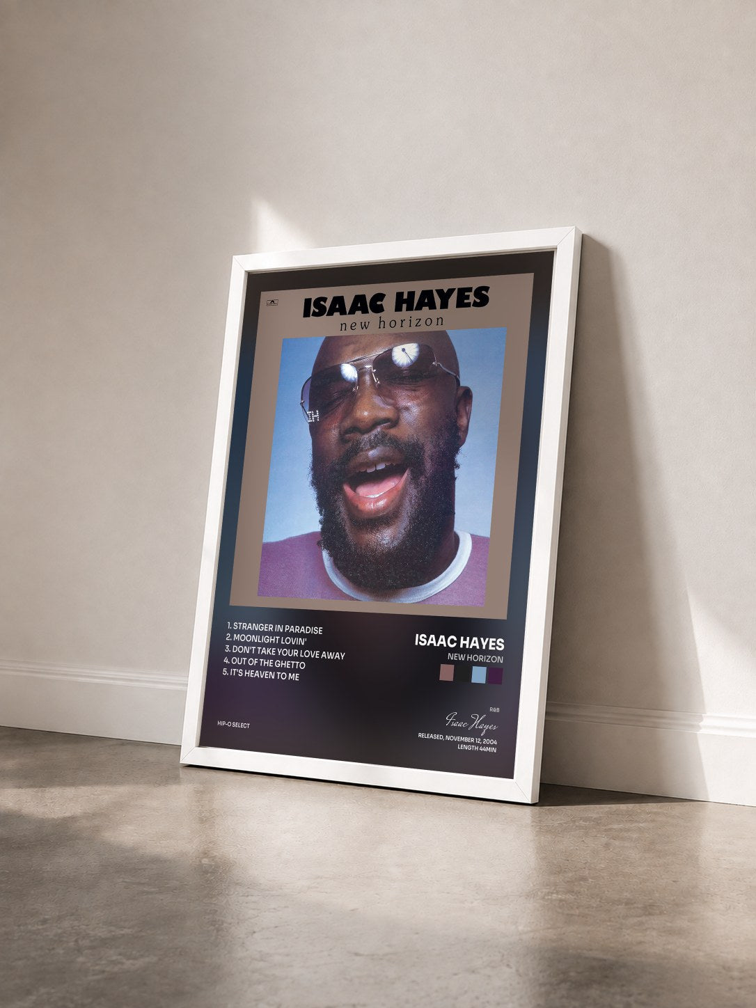 #blanc Tableau de l'album New Horizon de Isaac Hayes vu de trois quarts, cadre blanc