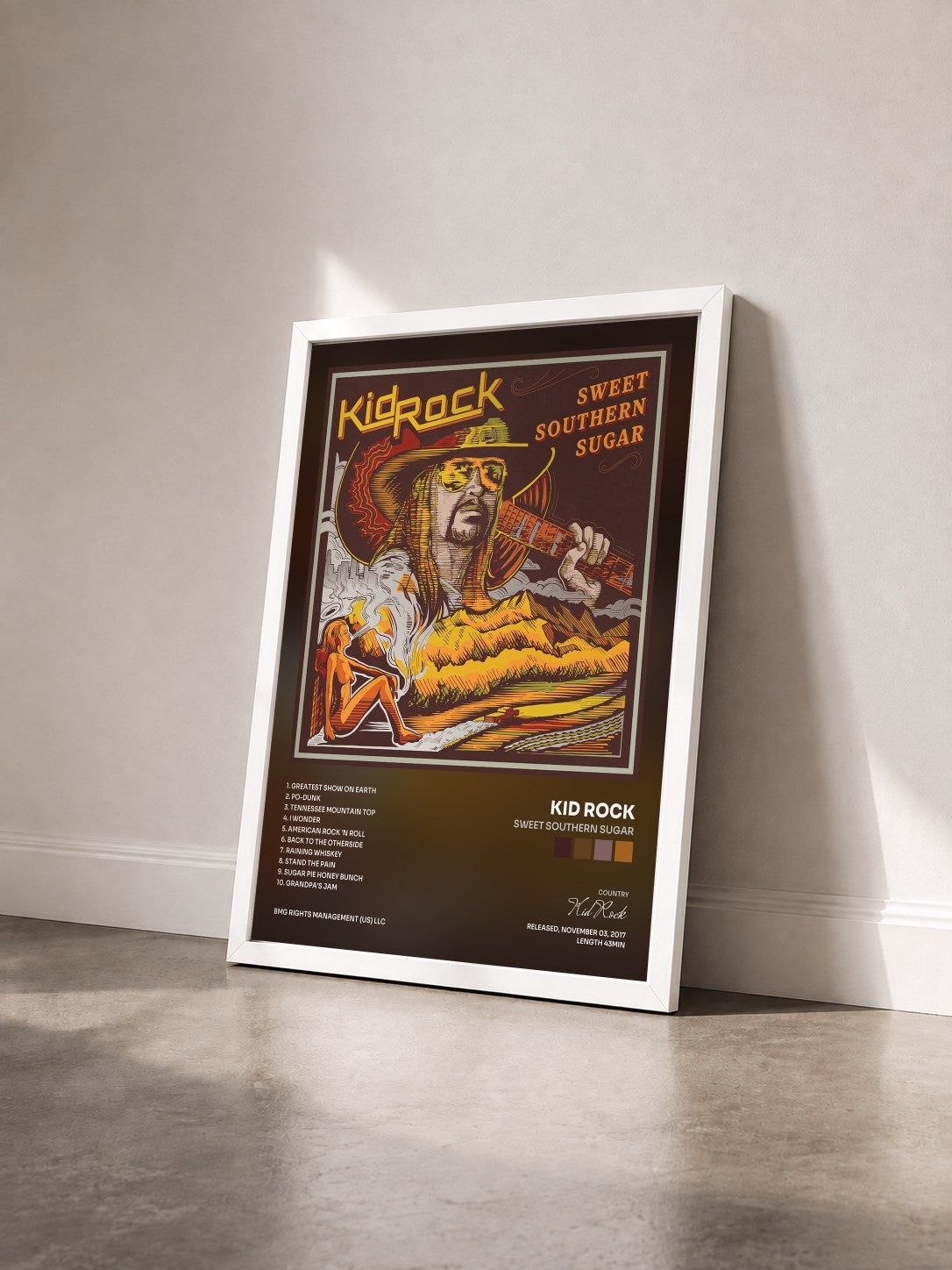 #blanc Tableau de l'album Sweet Southern Sugar de Kid Rock vu de trois quarts, cadre blanc