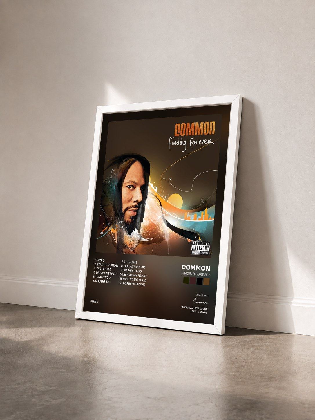 #blanc Tableau de l'album Finding Forever de Common vu de trois quarts, cadre blanc
