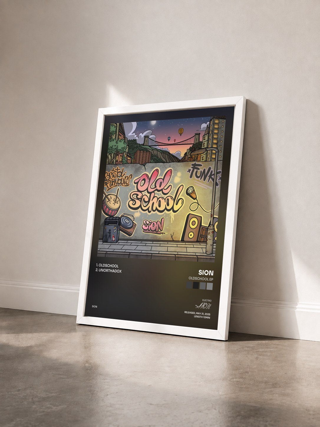 #blanc Tableau de l'album Oldschool EP de SION vu de trois quarts, cadre blanc