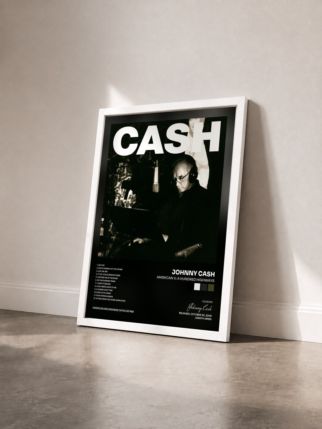 #blanc Tableau de l'album American V: A Hundred Highways de Johnny Cash vu de trois quarts, cadre blanc