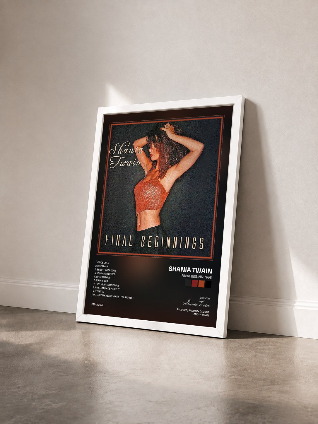 #blanc Tableau de l'album Final Beginnings de Shania Twain vu de trois quarts, cadre blanc