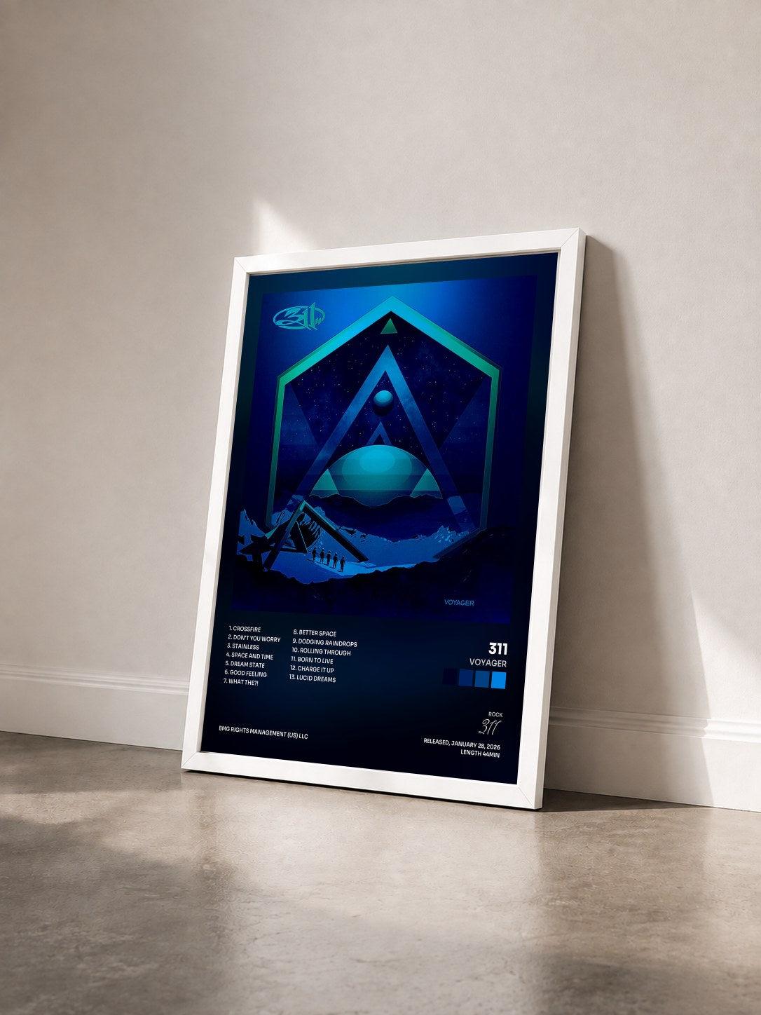 #blanc Tableau de l'album Voyager de 311 vu de trois quarts, cadre blanc