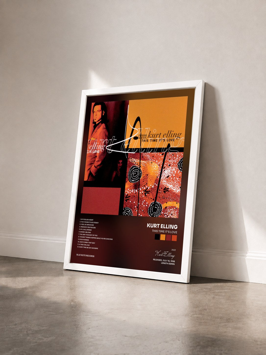 #blanc Tableau de l'album This Time It's Love de Kurt Elling vu de trois quarts, cadre blanc