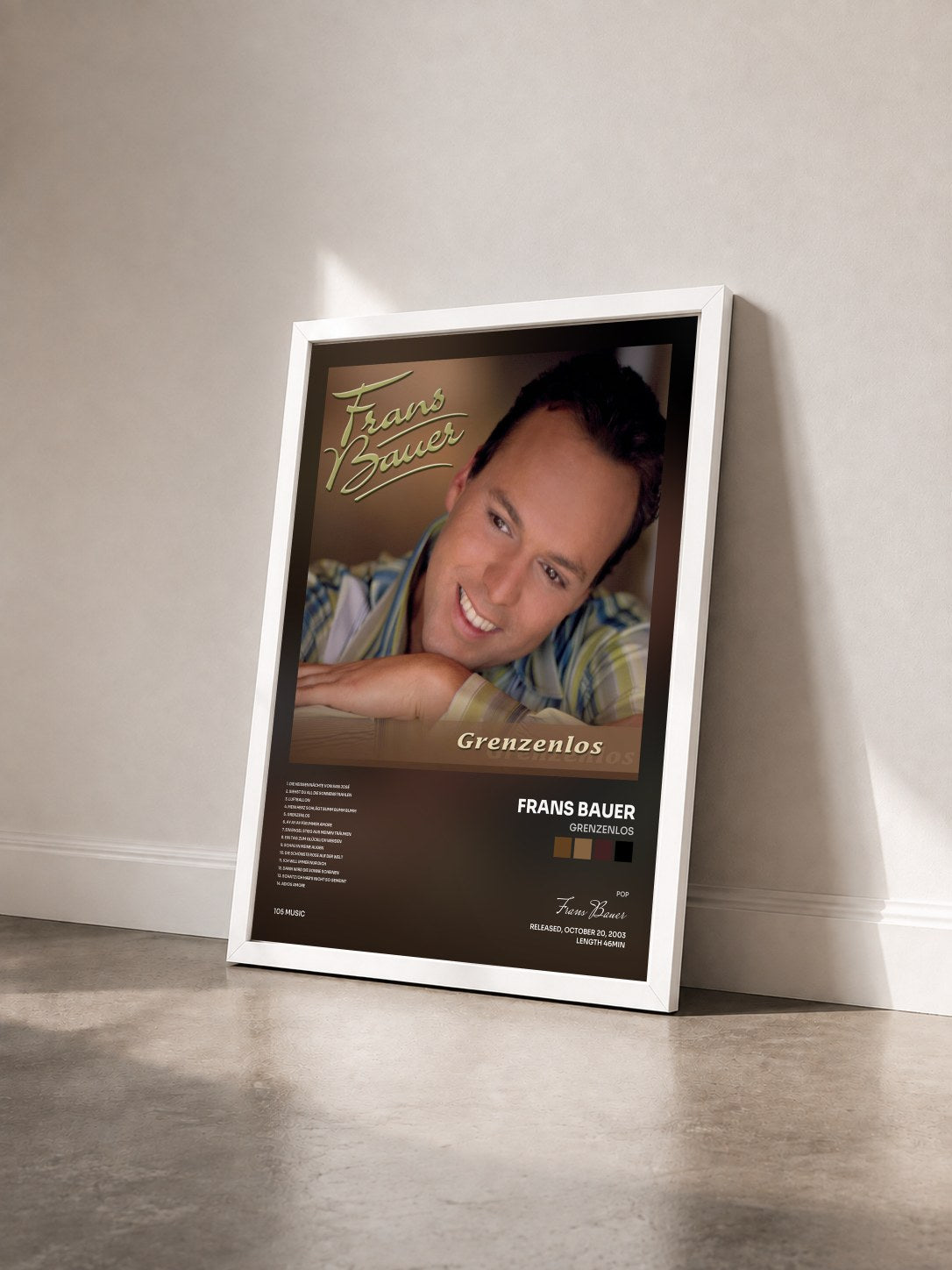 #blanc Tableau de l'album Grenzenlos de Frans Bauer vu de trois quarts, cadre blanc