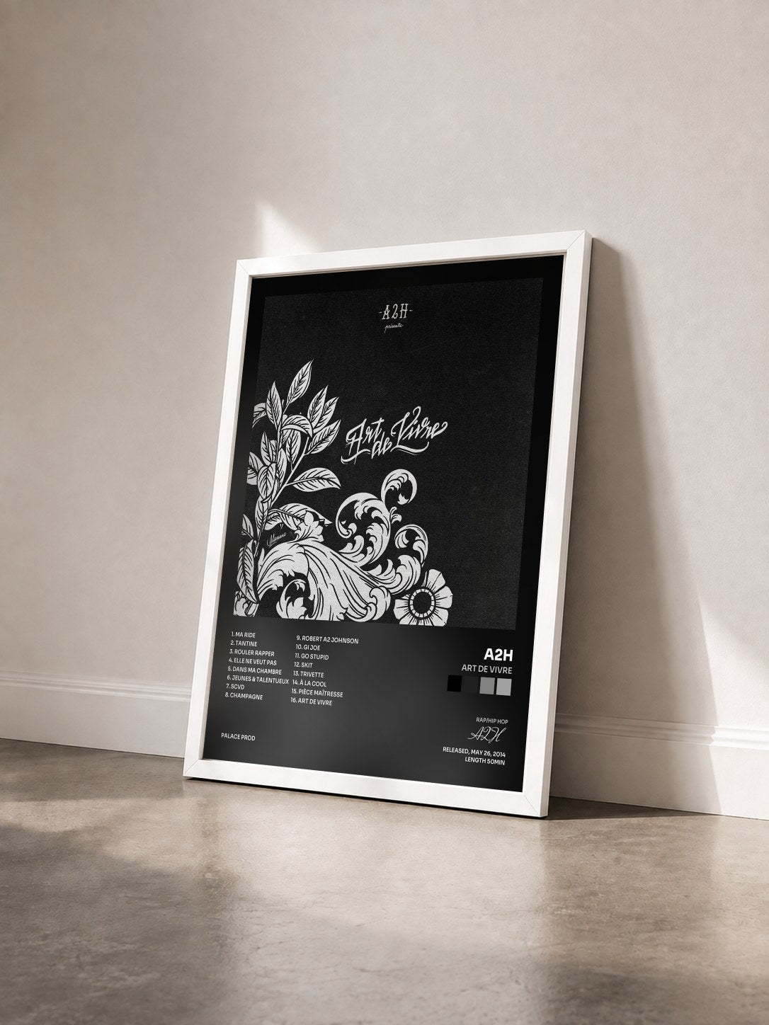 #blanc Tableau de l'album Art de vivre de A2H vu de trois quarts, cadre blanc