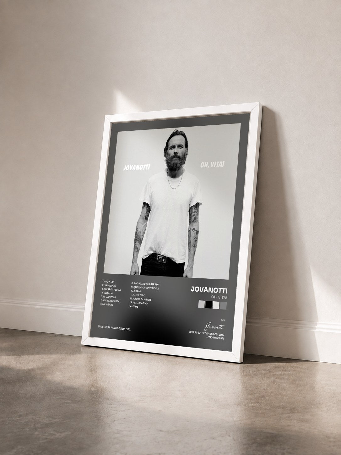 #blanc Tableau de l'album Oh, Vita! de Jovanotti vu de trois quarts, cadre blanc