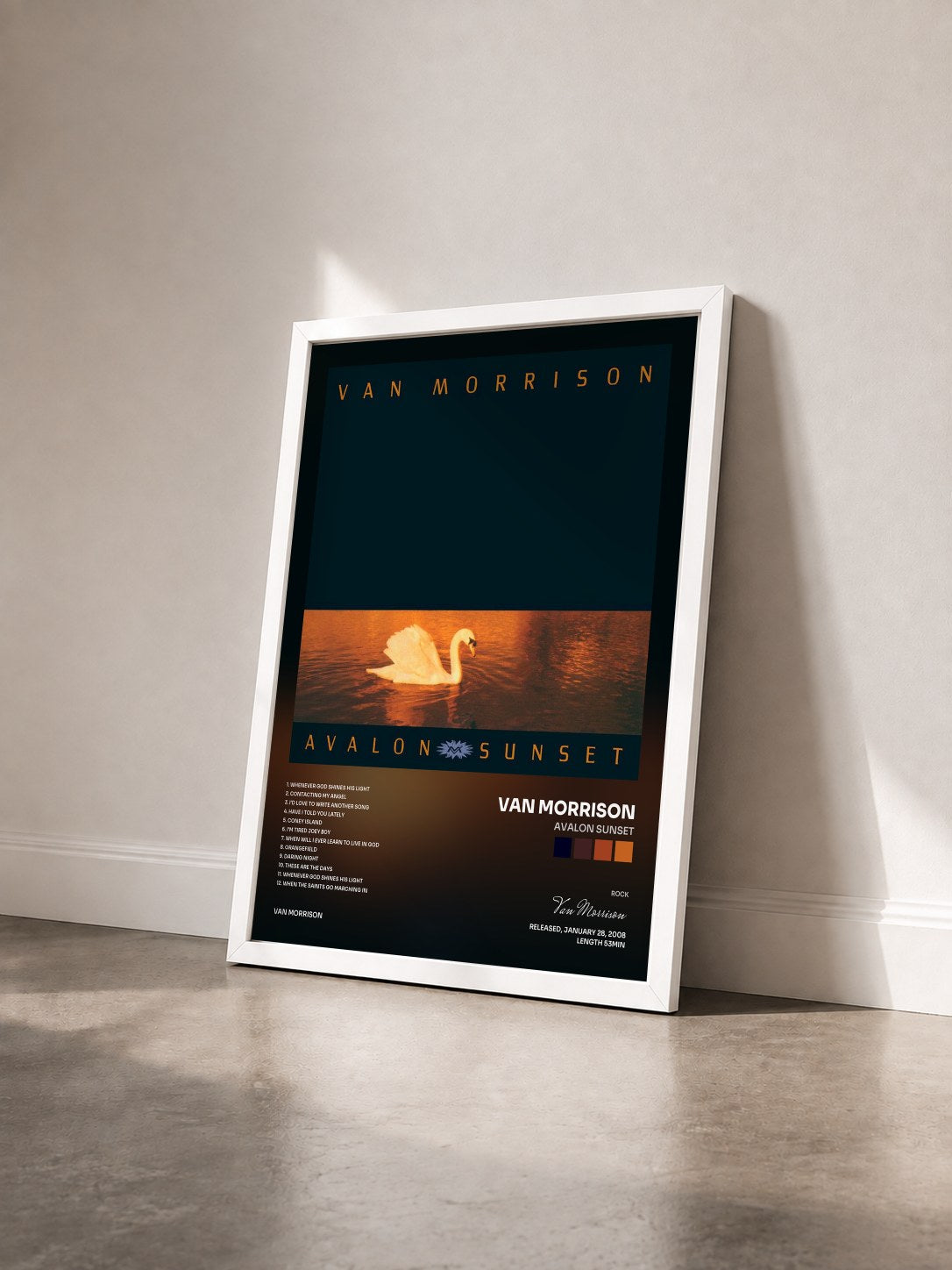 #blanc Tableau de l'album Avalon Sunset de Van Morrison vu de trois quarts, cadre blanc