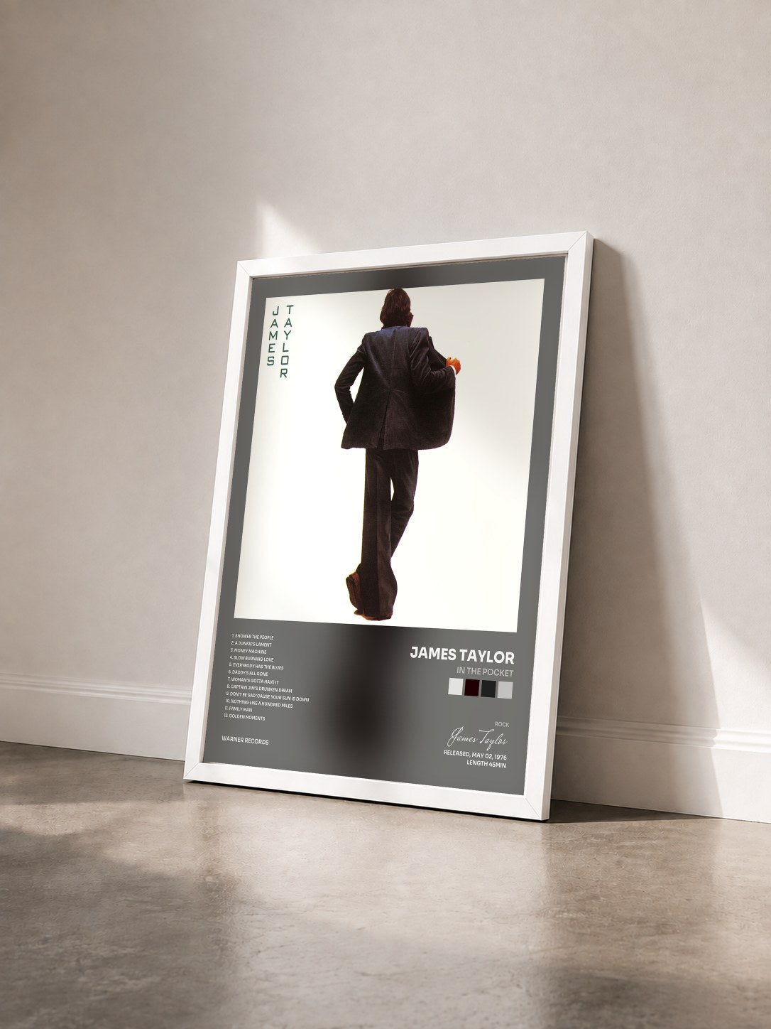 #blanc Tableau de l'album In the Pocket de James Taylor vu de trois quarts, cadre blanc