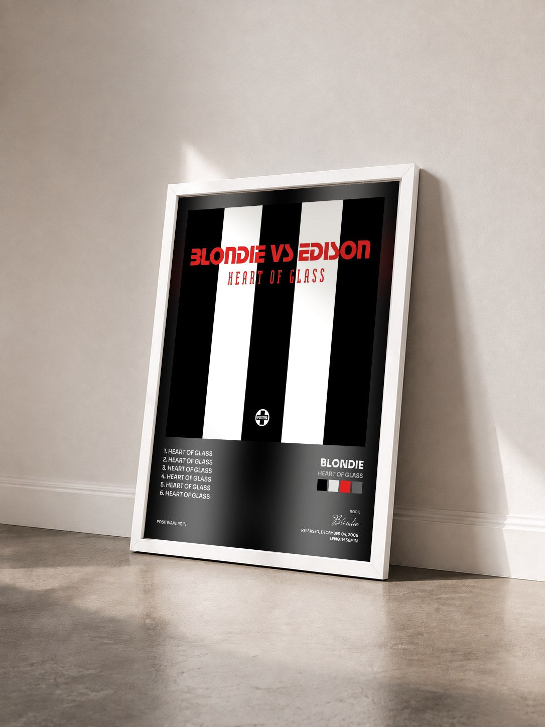 #blanc Tableau de l'album Heart Of Glass de Blondie vu de trois quarts, cadre blanc