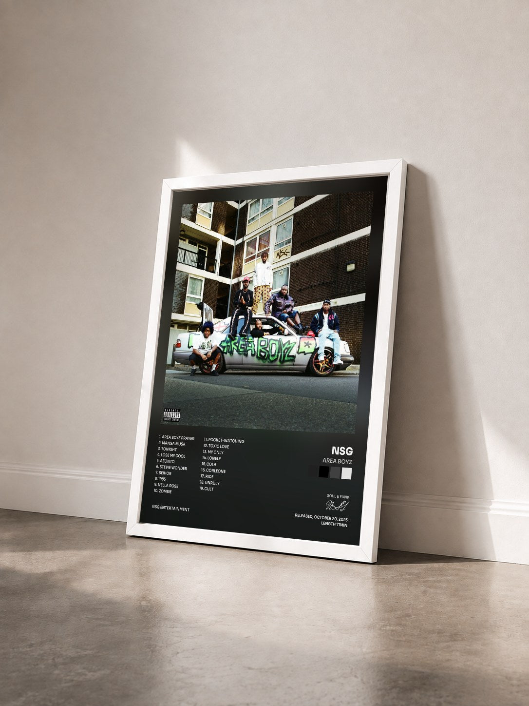 #blanc Tableau de l'album AREA BOYZ de NSG vu de trois quarts, cadre blanc