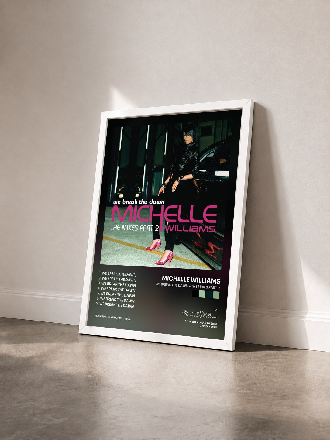#blanc Tableau de l'album We Break The Dawn - The Mixes Part 2 de Michelle Williams vu de trois quarts, cadre blanc