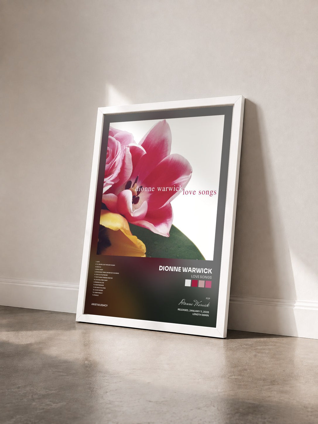 #blanc Love Songs by Dionne Warwick as a framed art print seen at an angle, white frame