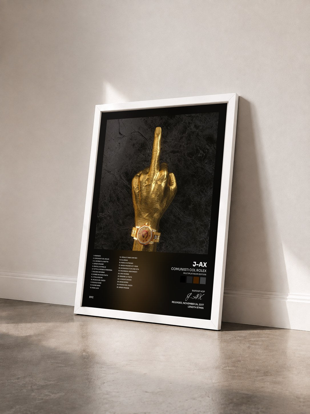 #blanc Tableau de l'album Comunisti col Rolex (Multiplatinum Edition) de J-AX vu de trois quarts, cadre blanc