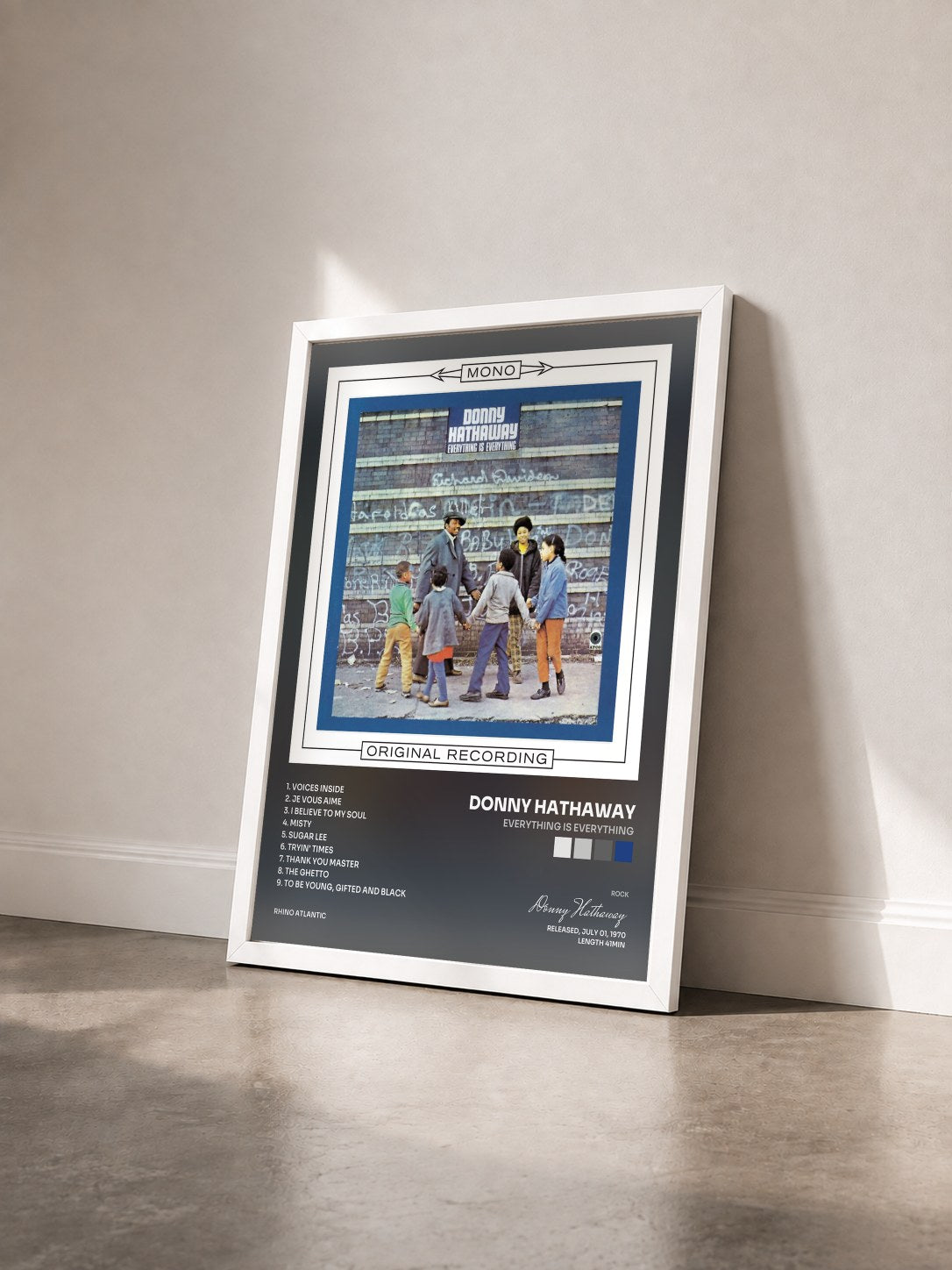 #blanc Tableau de l'album Everything Is Everything de Donny Hathaway vu de trois quarts, cadre blanc