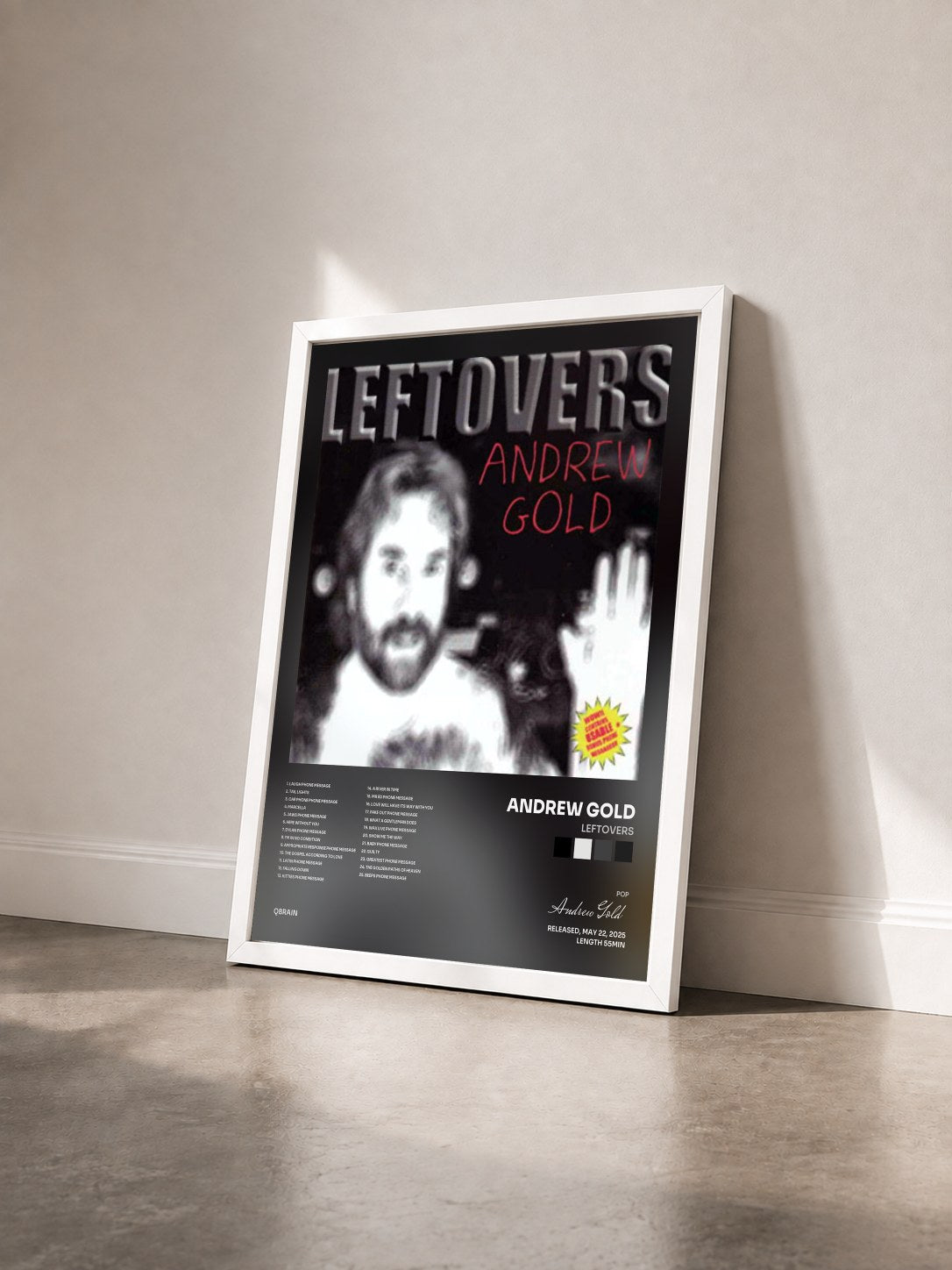#blanc Tableau de l'album Leftovers de Andrew Gold vu de trois quarts, cadre blanc