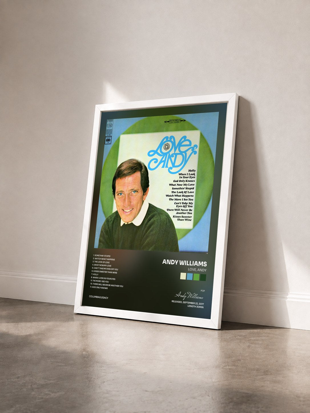 #blanc Tableau de l'album Love, Andy de Andy Williams vu de trois quarts, cadre blanc