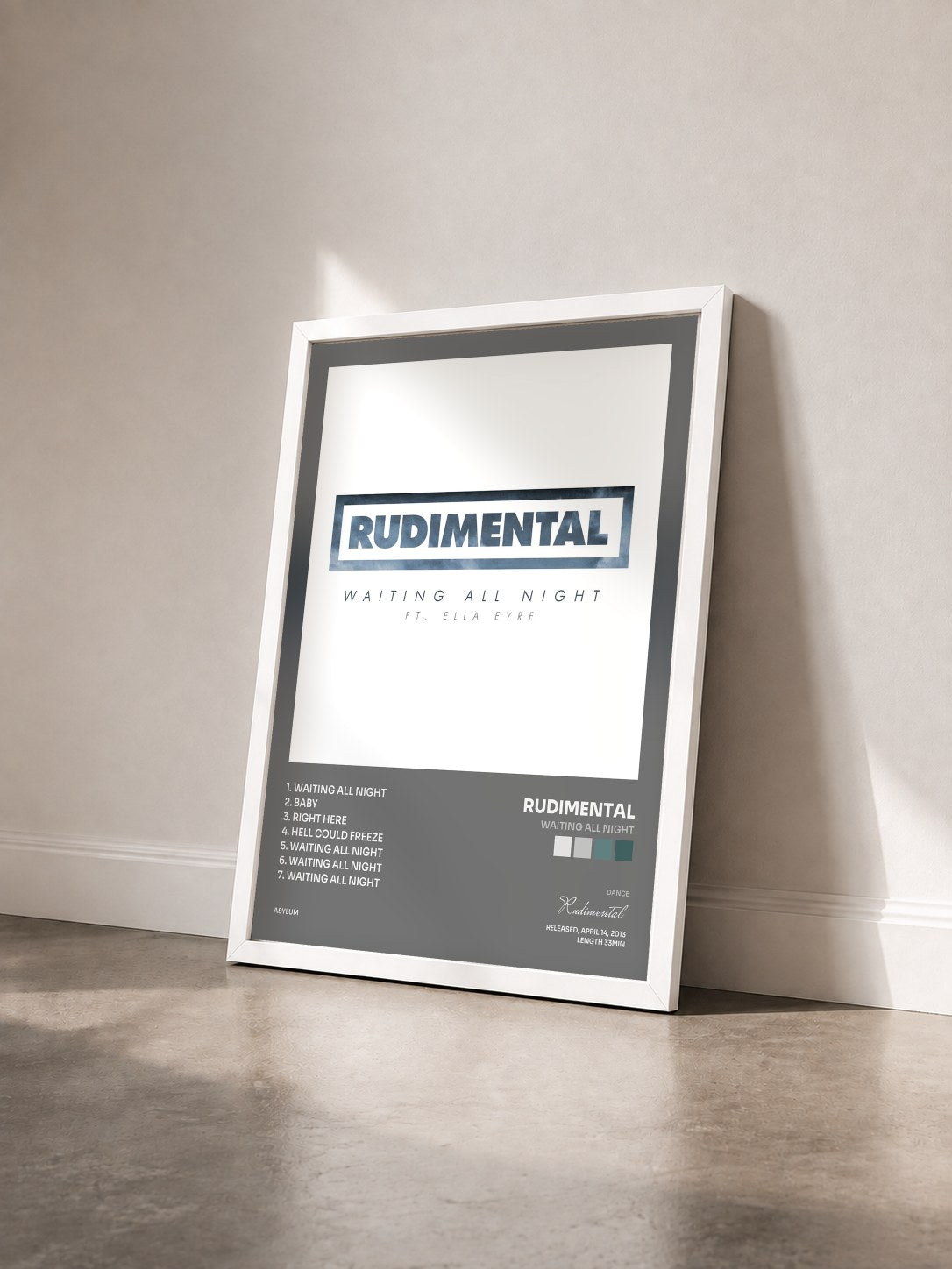 #blanc Tableau de l'album Waiting All Night de Rudimental vu de trois quarts, cadre blanc
