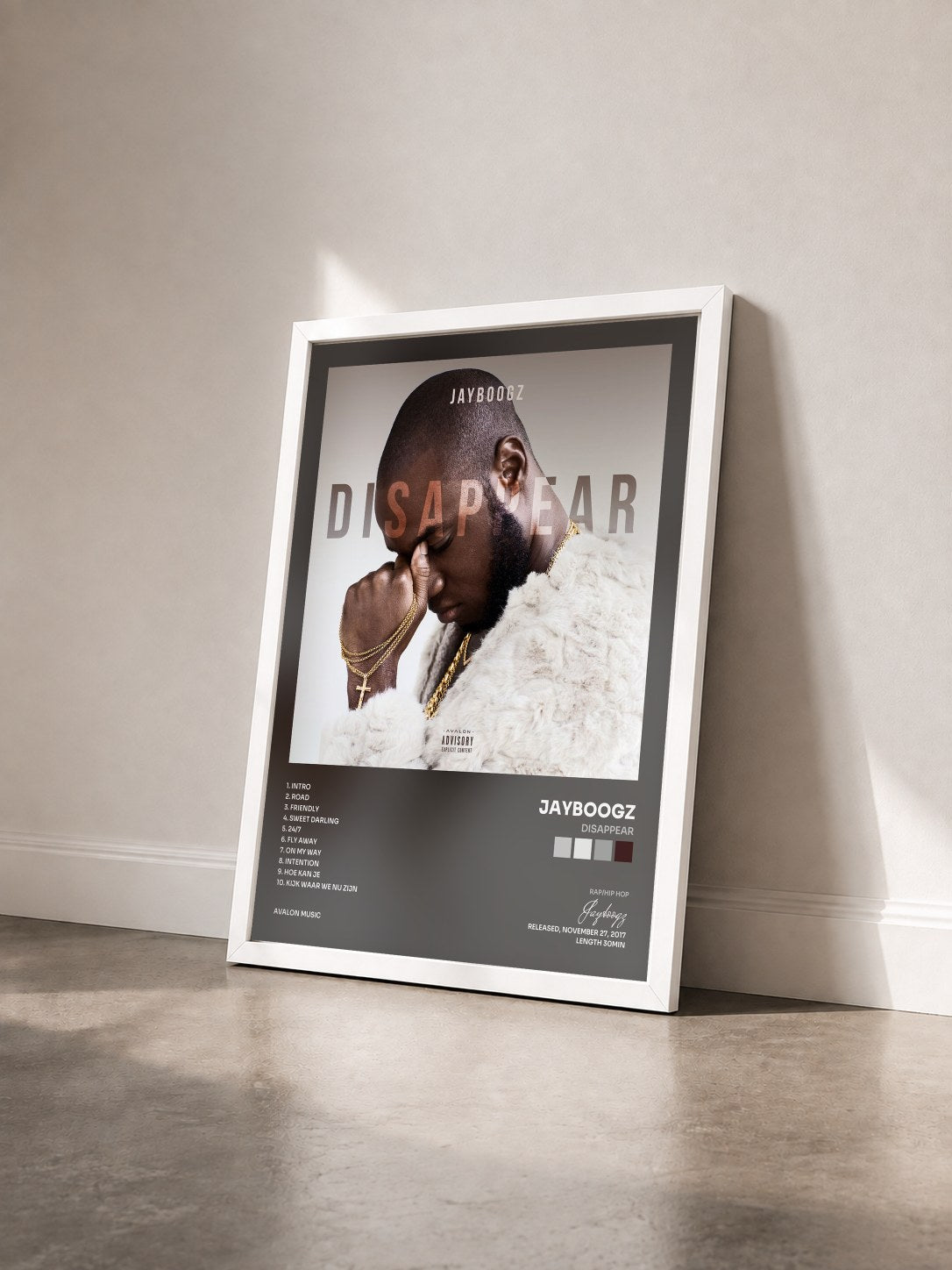#blanc Tableau de l'album Disappear de Jayboogz vu de trois quarts, cadre blanc
