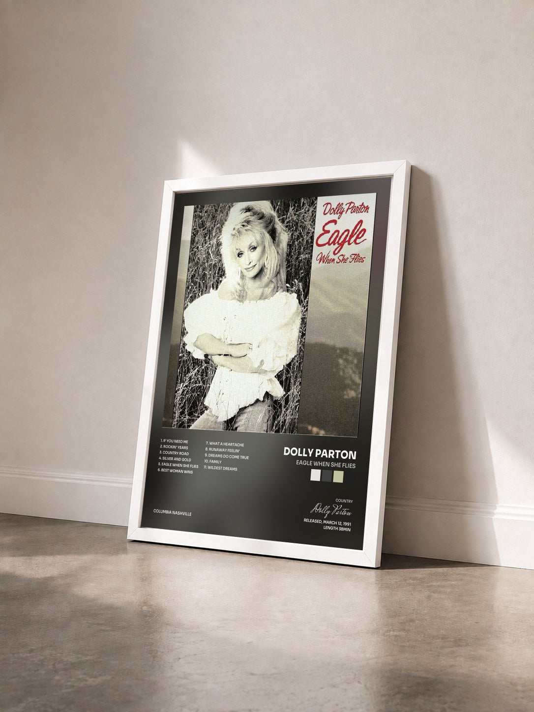 #blanc Tableau de l'album Eagle When She Flies de Dolly Parton vu de trois quarts, cadre blanc
