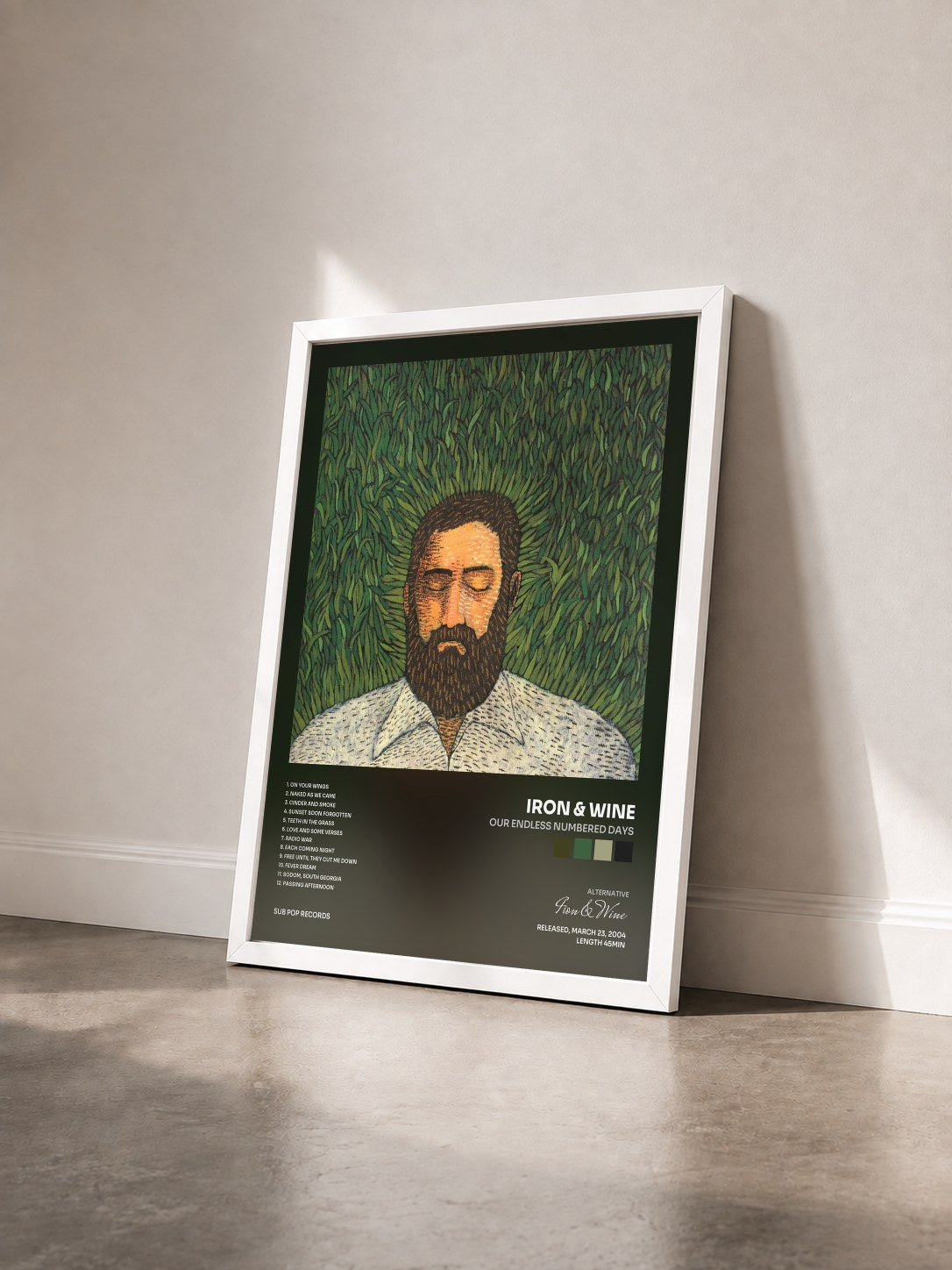 #blanc Tableau de l'album Our Endless Numbered Days de Iron & Wine vu de trois quarts, cadre blanc