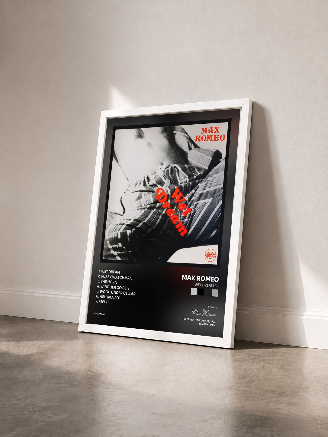#blanc Tableau de l'album Wet Dream EP de Max Romeo vu de trois quarts, cadre blanc