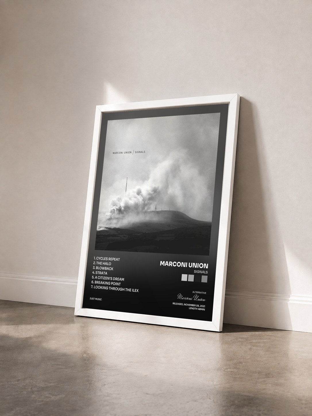 #blanc Tableau de l'album Signals de Marconi Union vu de trois quarts, cadre blanc