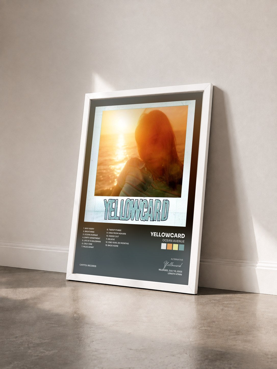 #blanc Tableau de l'album Ocean Avenue de Yellowcard vu de trois quarts, cadre blanc