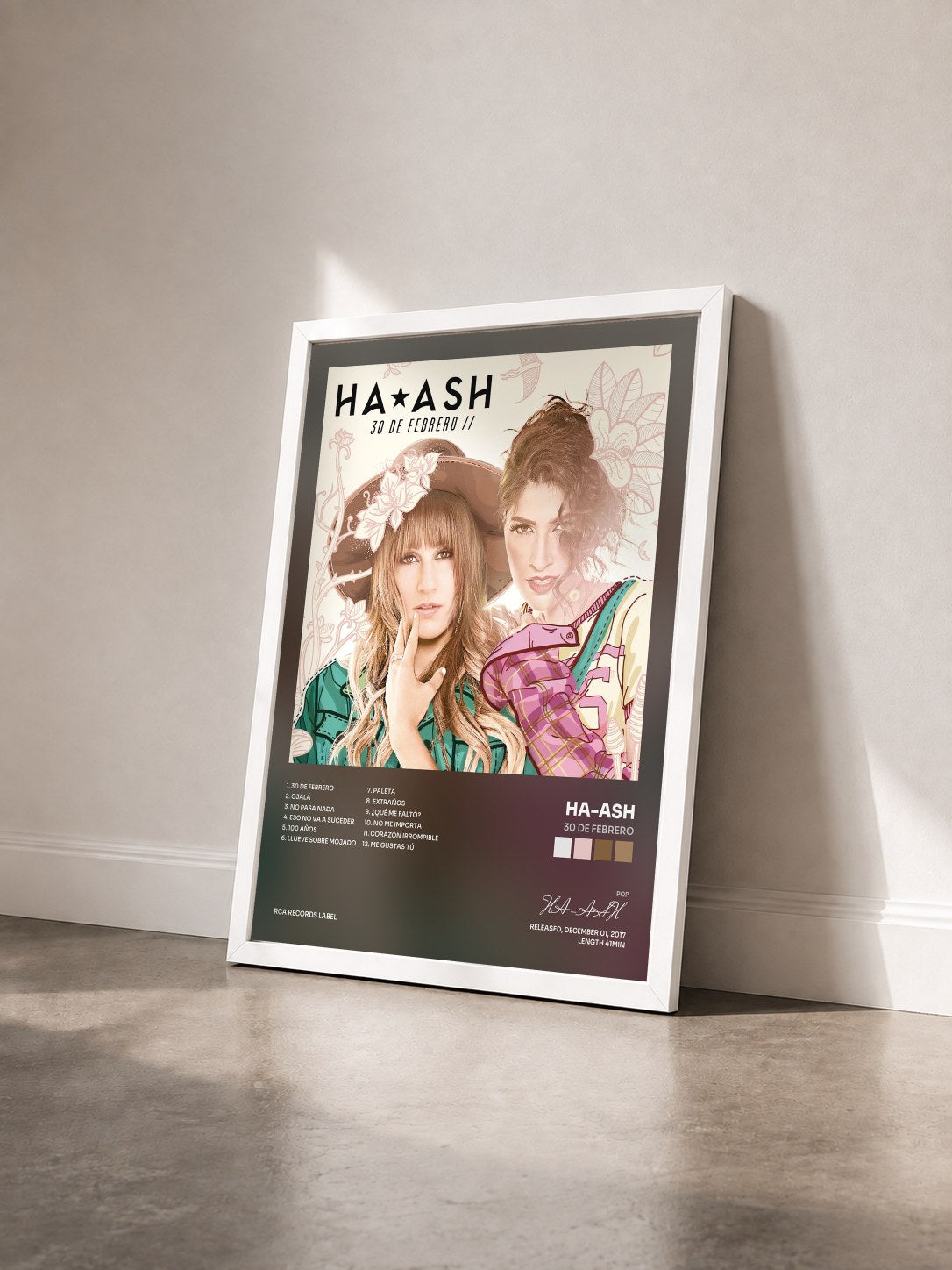 #blanc Tableau de l'album 30 de Febrero de HA-ASH vu de trois quarts, cadre blanc