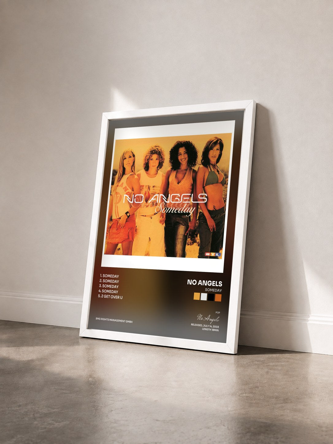 #blanc Tableau de l'album Someday de No Angels vu de trois quarts, cadre blanc