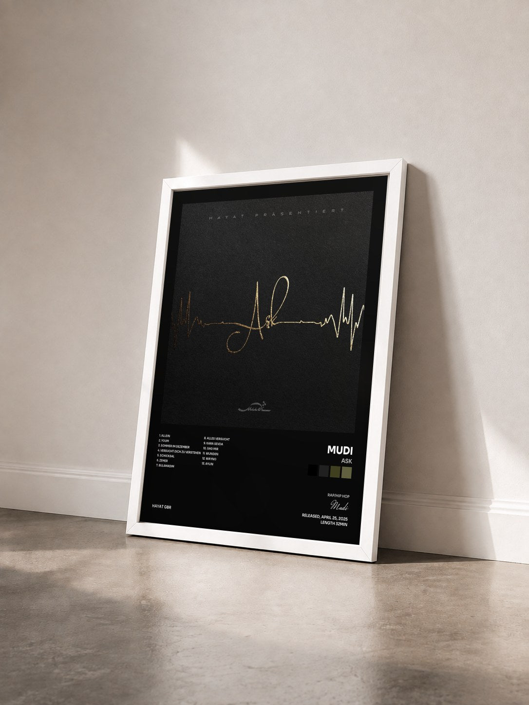 #blanc Tableau de l'album Ask de Mudi vu de trois quarts, cadre blanc