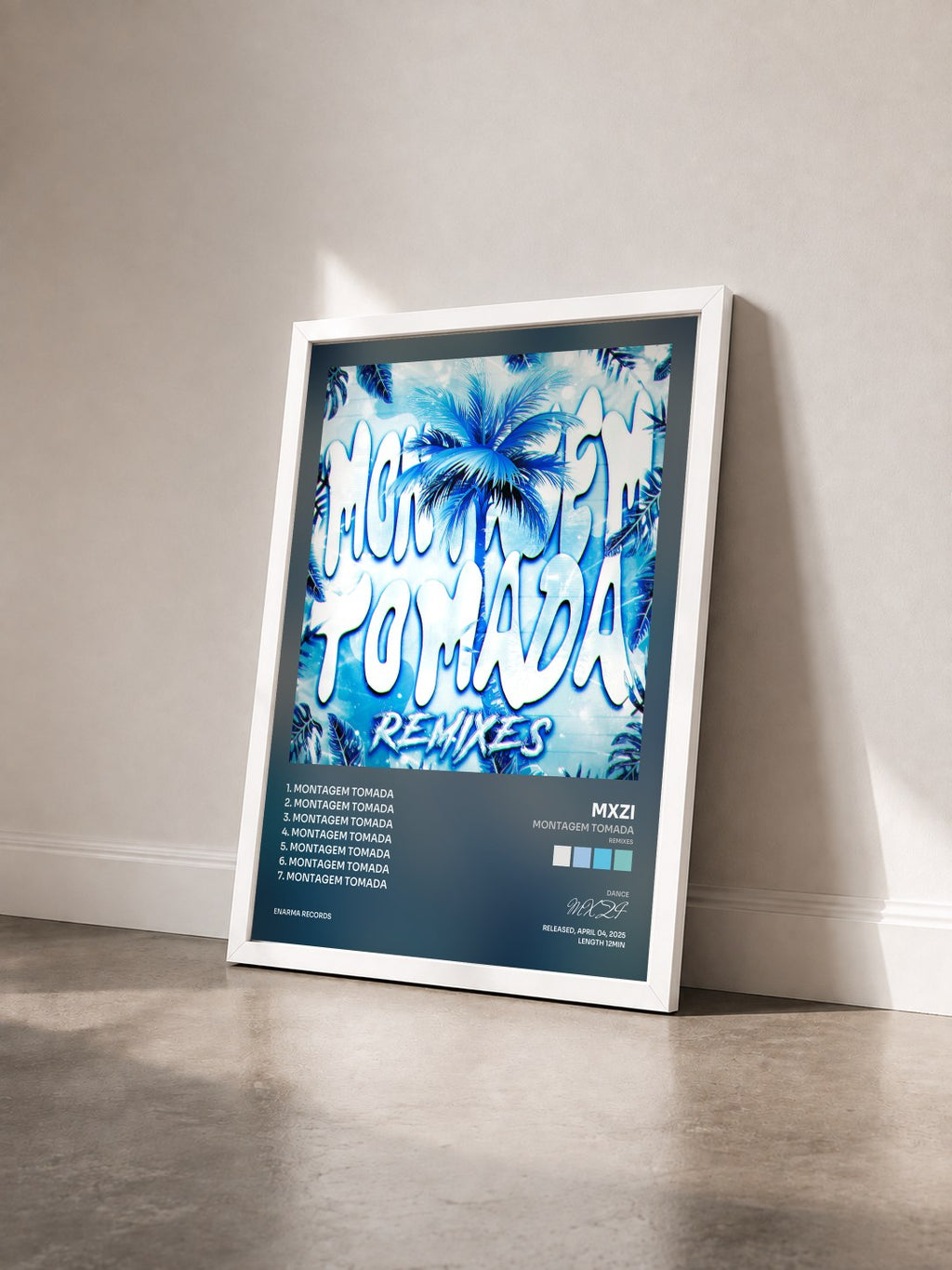 #blanc Tableau de l'album MONTAGEM TOMADA (Remixes) de MXZI vu de trois quarts, cadre blanc