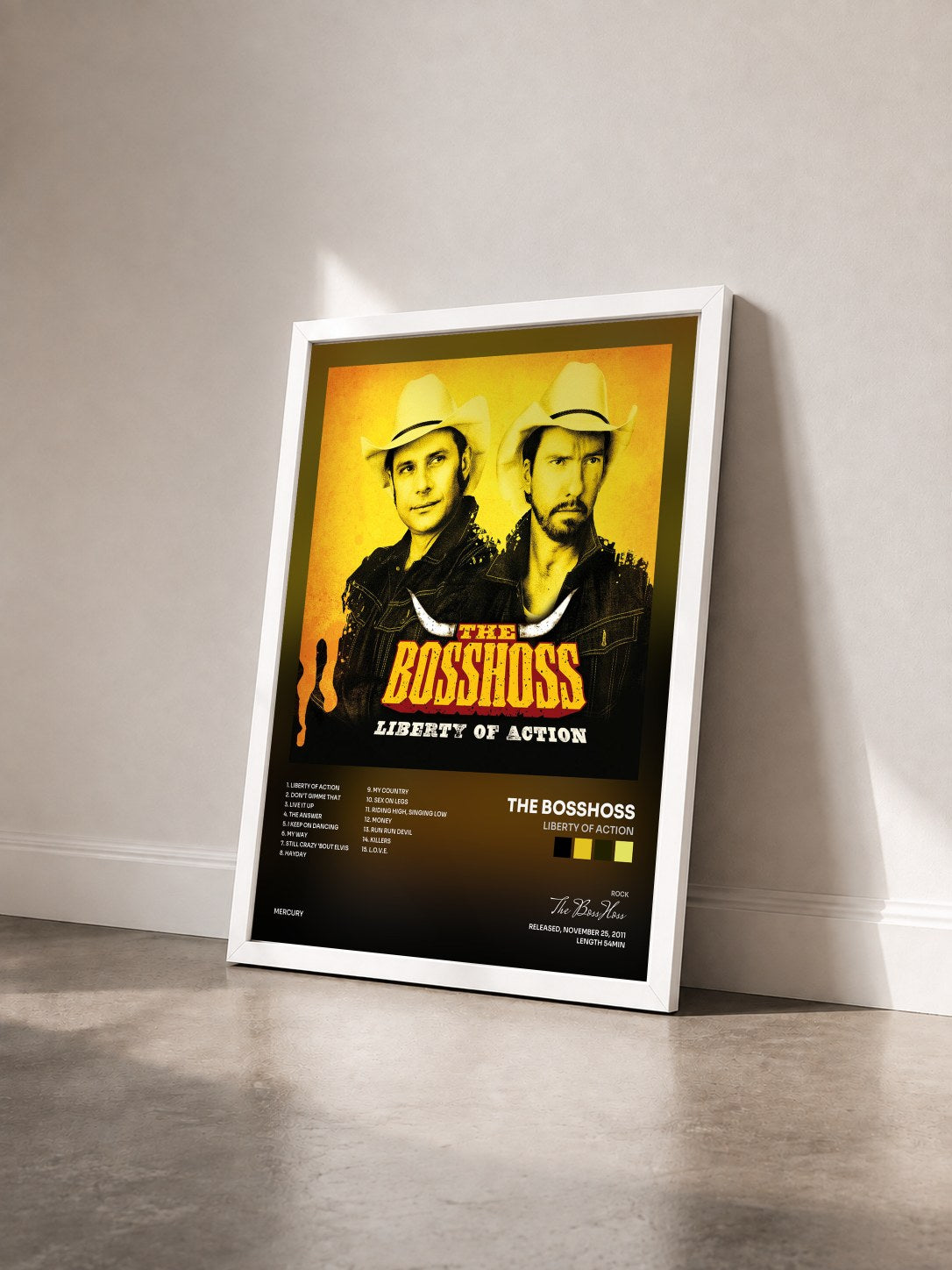 #blanc Tableau de l'album Liberty Of Action de The BossHoss vu de trois quarts, cadre blanc