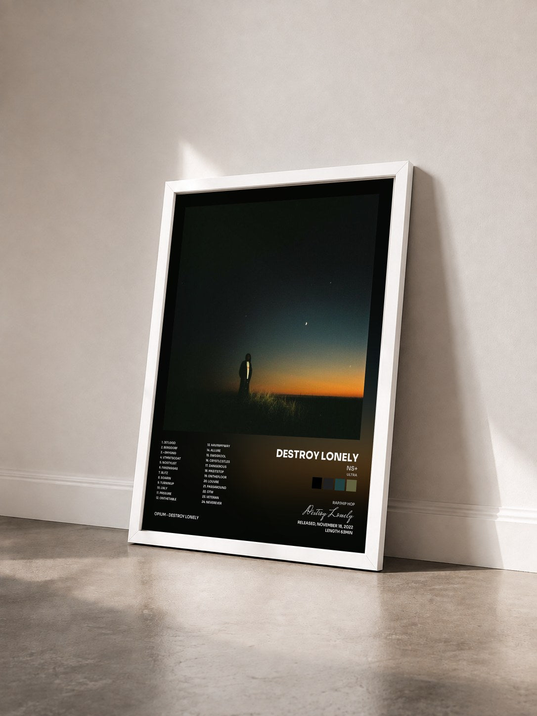 #blanc Tableau de l'album NS+ (ULTRA) de Destroy Lonely vu de trois quarts, cadre blanc
