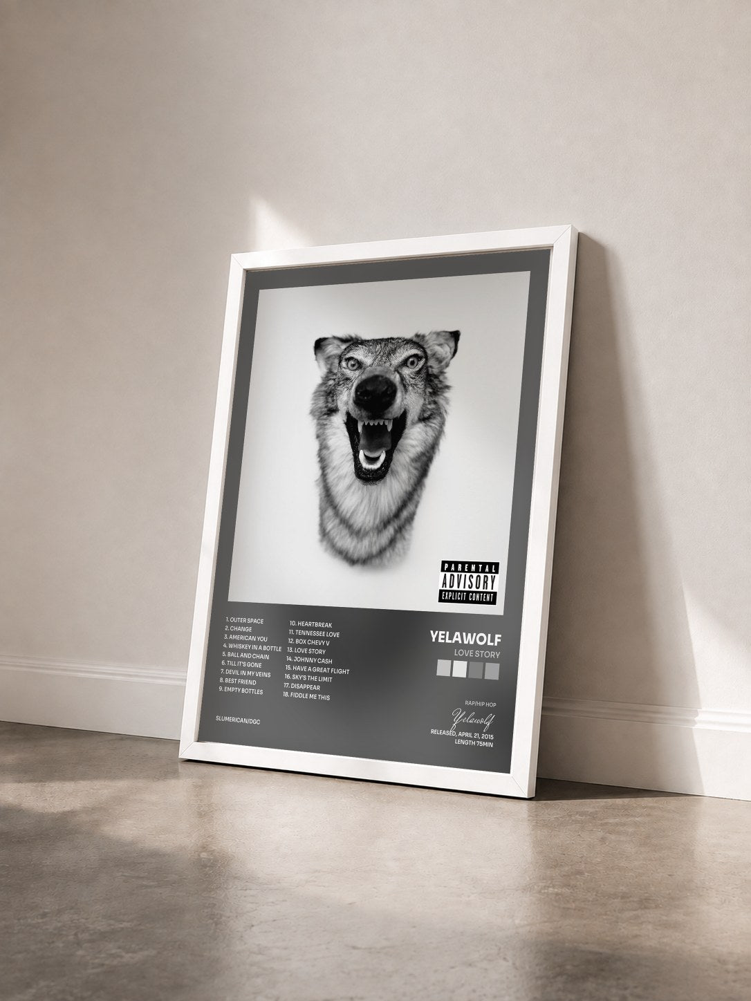 #blanc Tableau de l'album Love Story de Yelawolf vu de trois quarts, cadre blanc