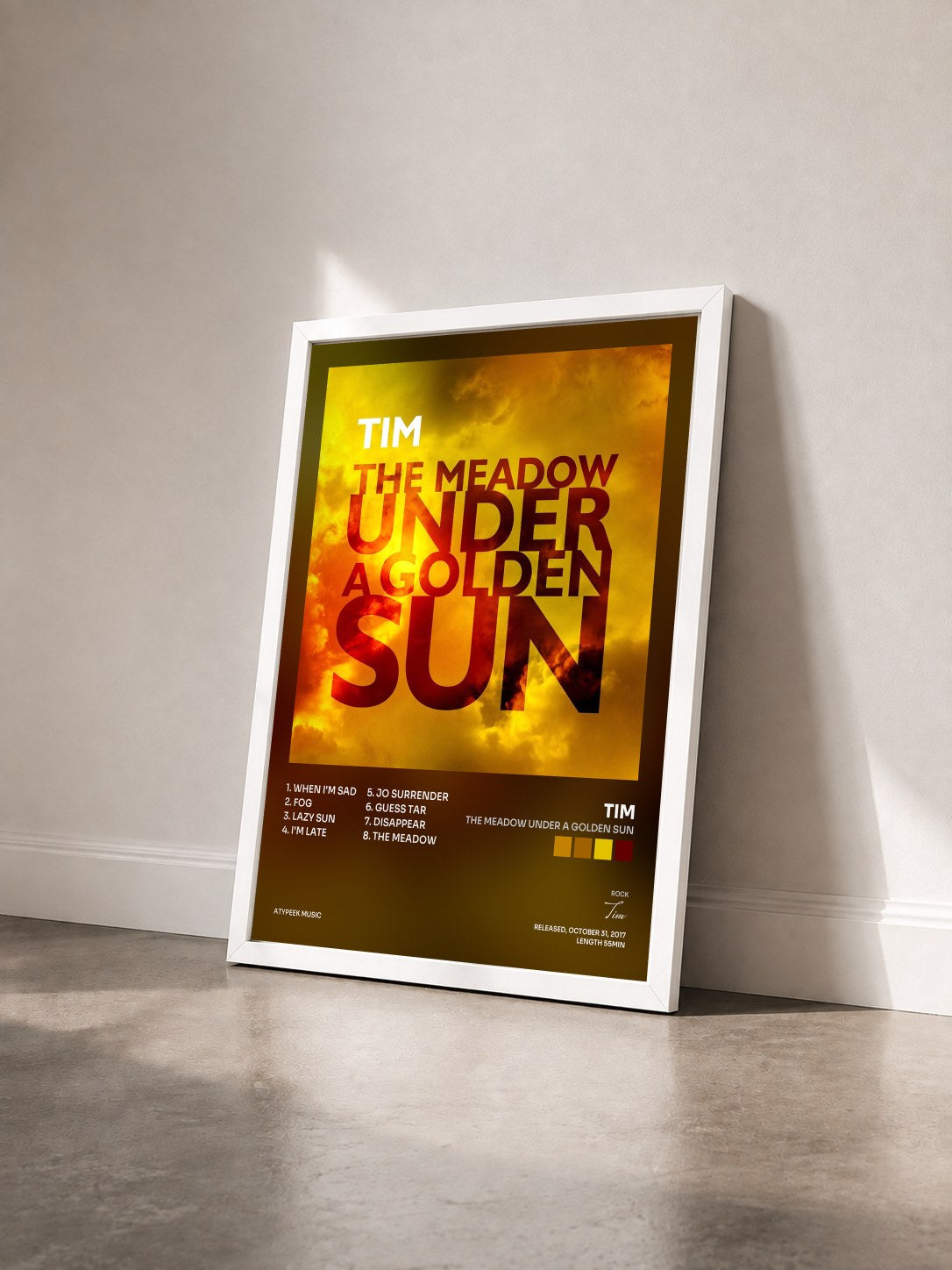 #blanc Tableau de l'album The Meadow Under a Golden Sun de Tim vu de trois quarts, cadre blanc