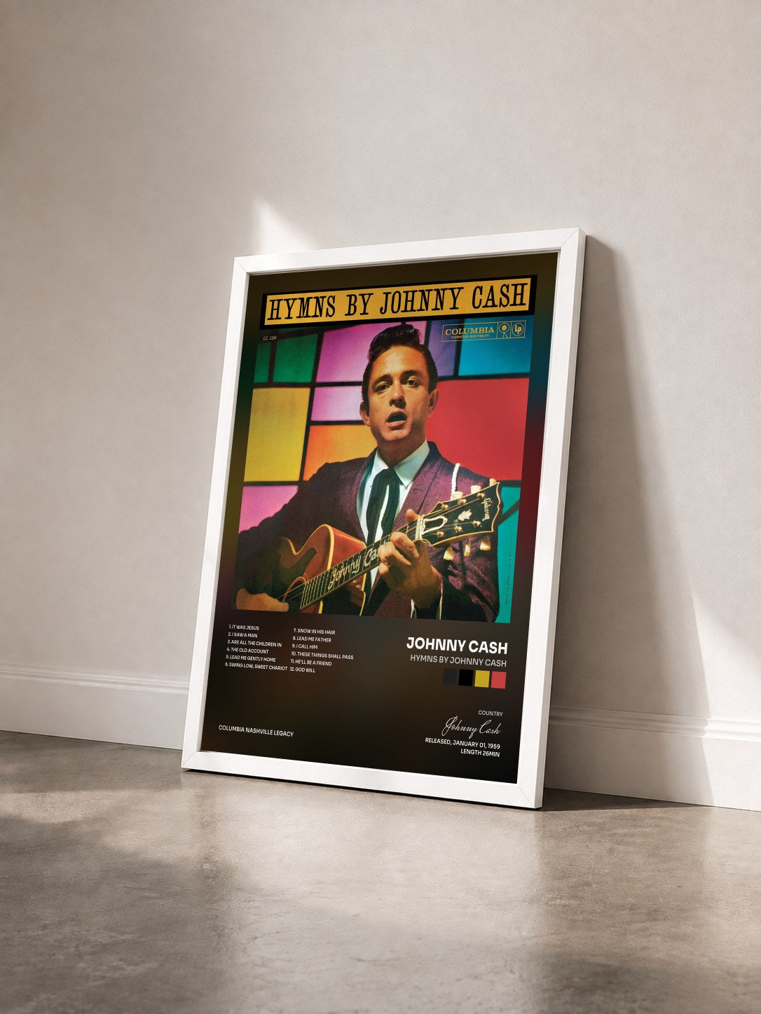 #blanc Tableau de l'album Hymns by Johnny Cash de Johnny Cash vu de trois quarts, cadre blanc