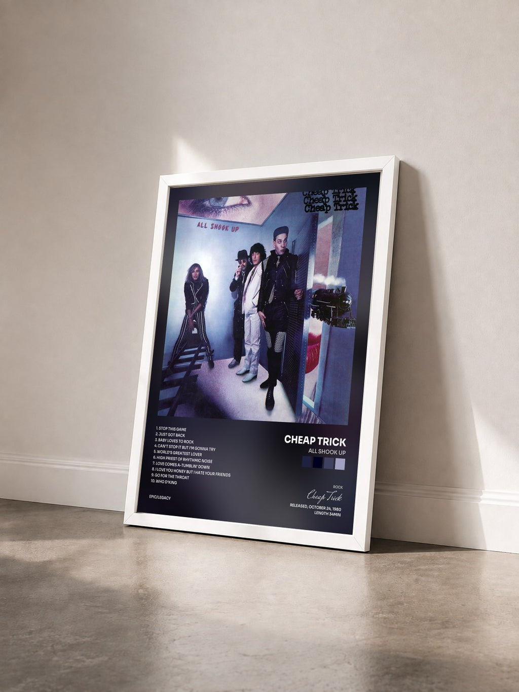#blanc Tableau de l'album All Shook Up de Cheap Trick vu de trois quarts, cadre blanc
